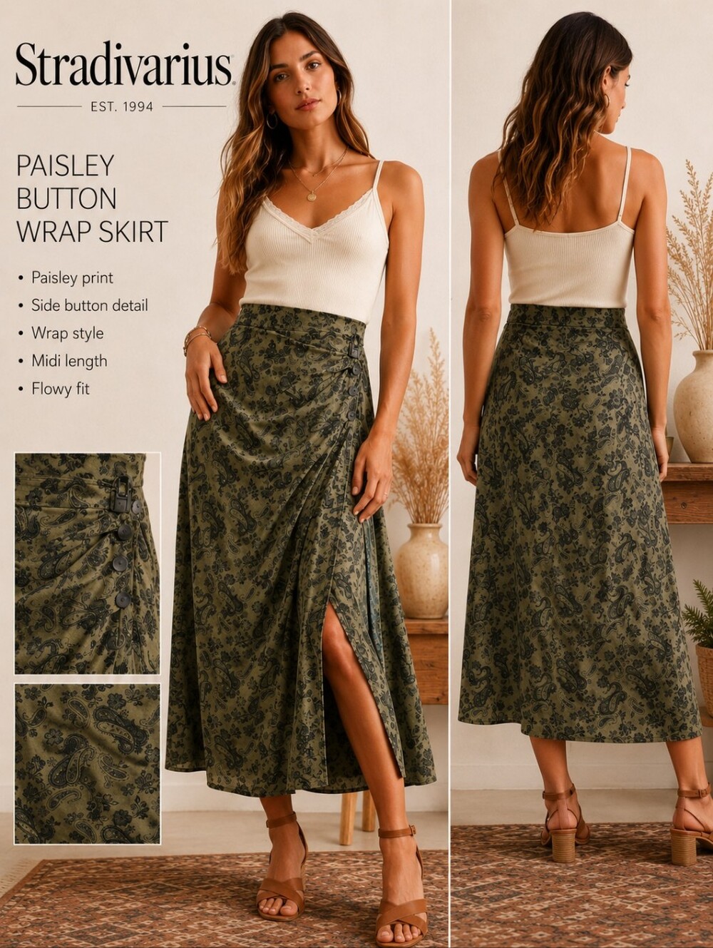 Stradivarius Paisley Wrap Midi Skirt Olive Green Floral Button Front Boho Size 8